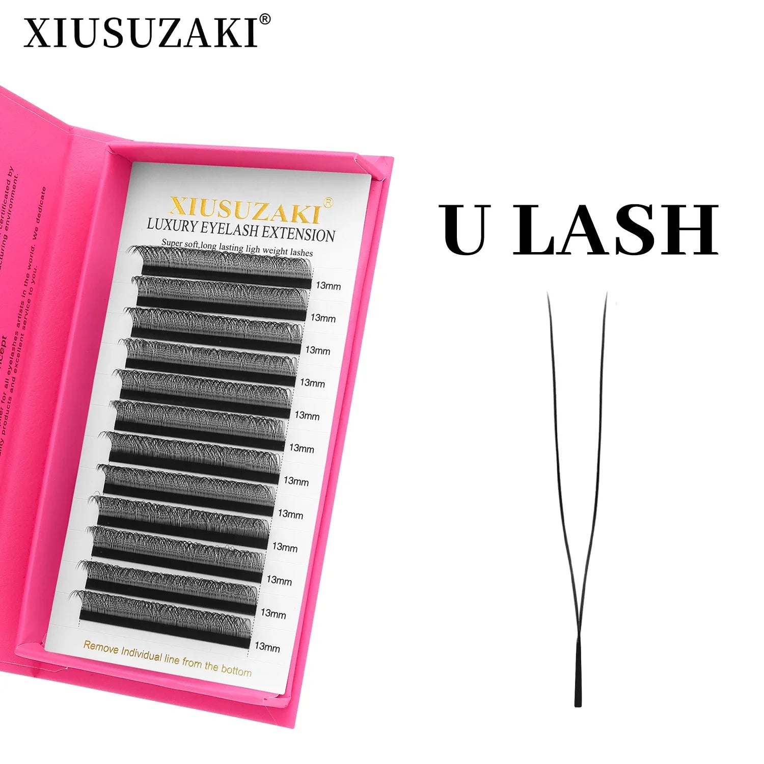 U-shaped eyelash extensions in a pink case with 13mm black lash strips and a pair of fine-point metal tweezers.