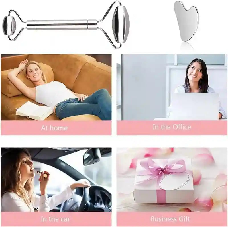 Stainless steel facial massage roller and heart-shaped gua sha tool shown with people using them in various settings.