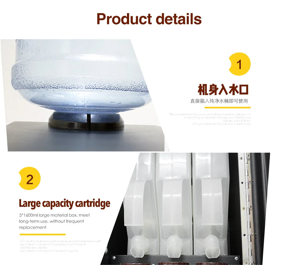 Commercial beverage machine with top-loading water jug and three 1600ml white plastic ingredient canisters.