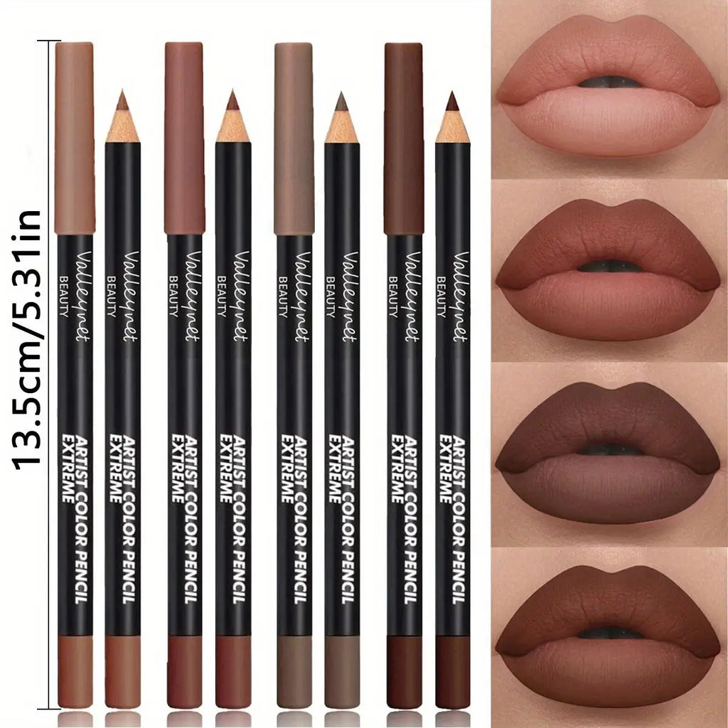 4pcs waterproof matte lip liner set in varied brown shades with long-lasting finish and lip swatch examples.