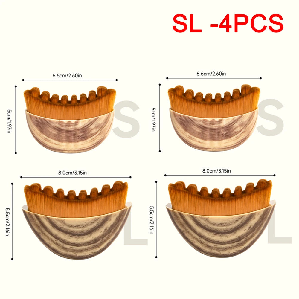 Four oval-shaped wood-grain makeup brushes with brown synthetic bristles in two sizes, shown with dimension labels.