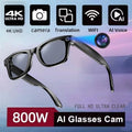 Black smart glasses with built-in camera, featuring 4K recording, AI voice, and real-time translation capabilities.