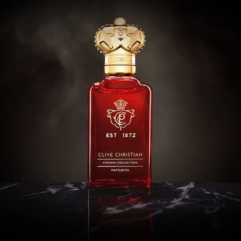 Clive Christian Matsukita unisex EDP: 50ml oriental floral chypre perfume in a red bottle with gold crown cap.