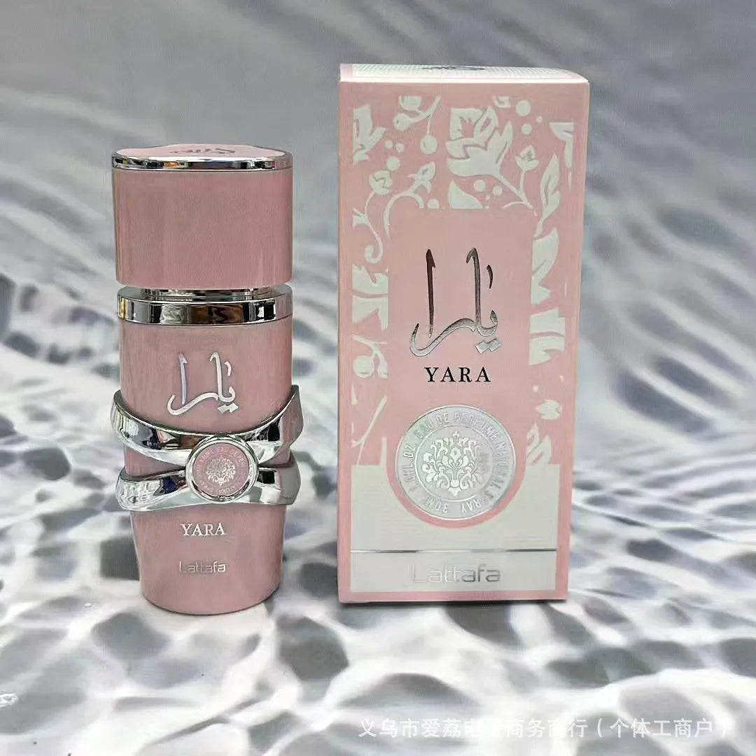 Lattafa Yara 30ml EDP: Pink floral oud perfume in a sleek metallic-wrapped bottle for men and women. Long-lasting scent.