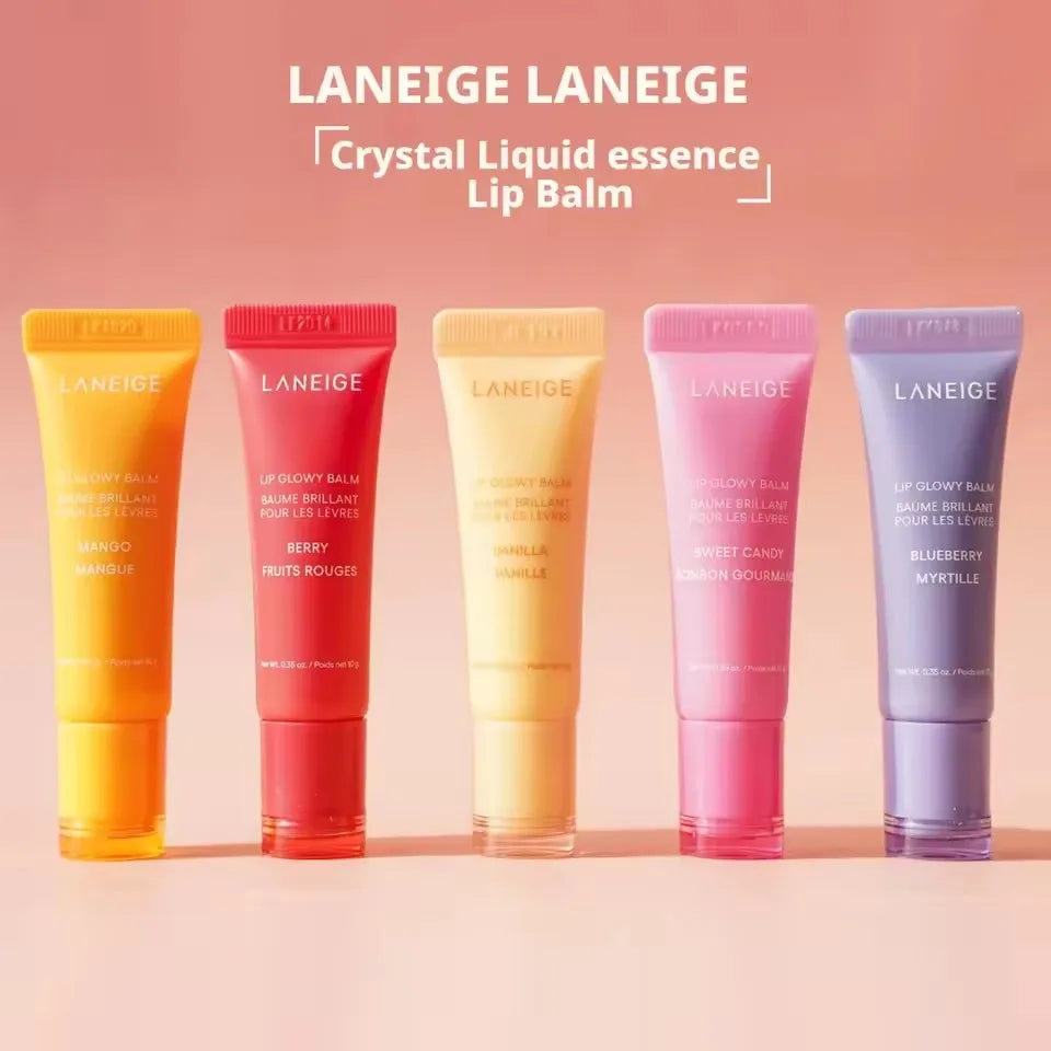 Five Laneige Lip Glowy Balm tubes in assorted fruit colors for hydrating, plumping, and softening lip makeup.