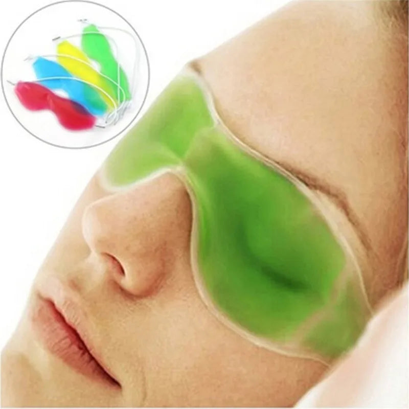 Green gel cold compress eye mask worn for sleeping to relieve insomnia, featuring colorful ice cooling pack options.