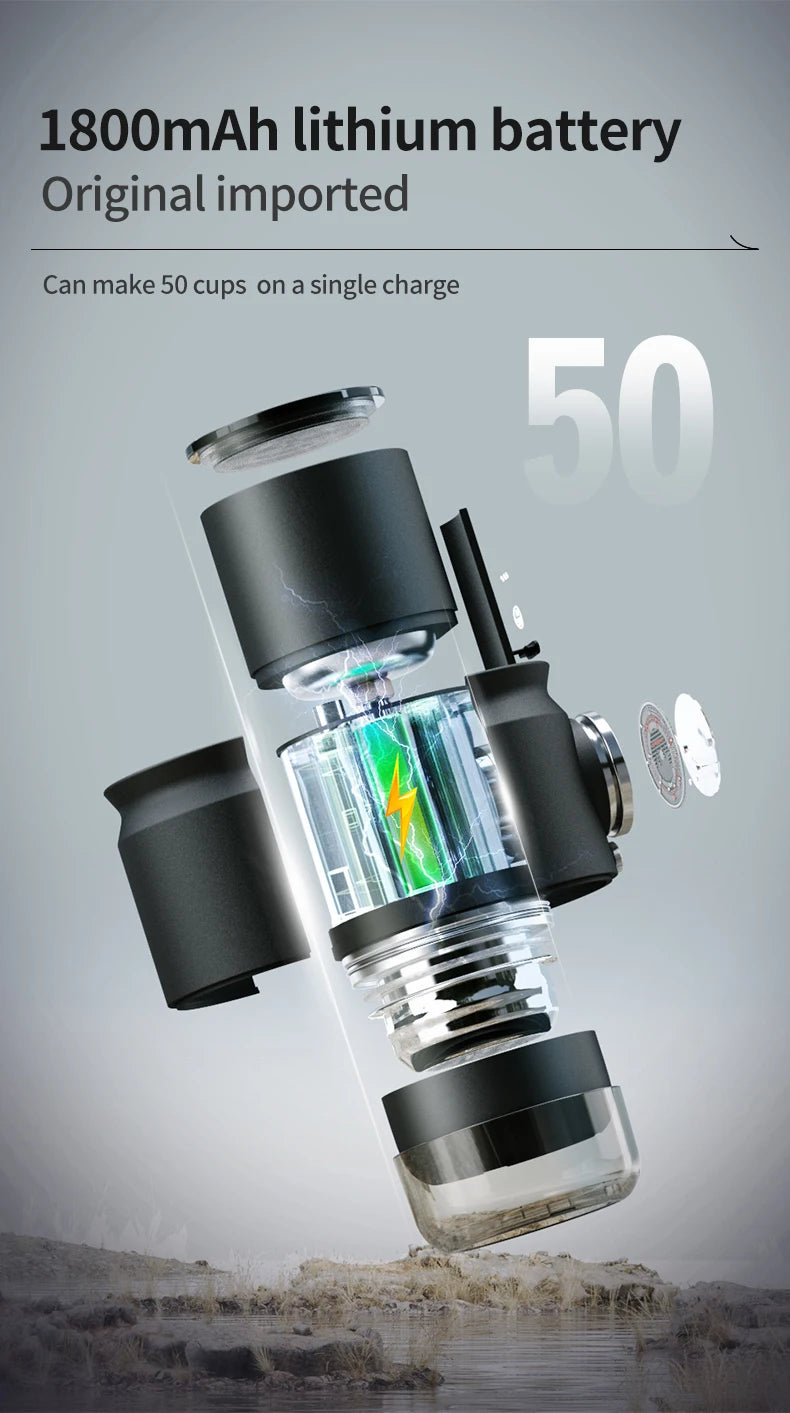 Exploded view of black portable coffee maker with 1800mAh lithium battery for 50 cups per charge.
