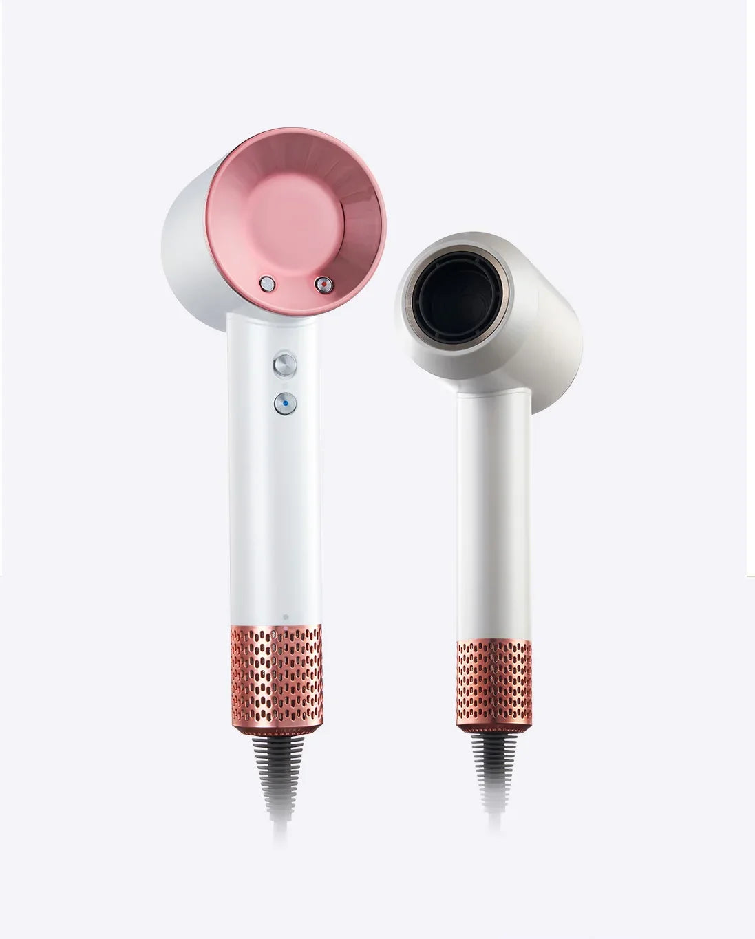 White and pink high-speed ionic professional hair dryer with rose gold mesh filter and ergonomic sleek design.