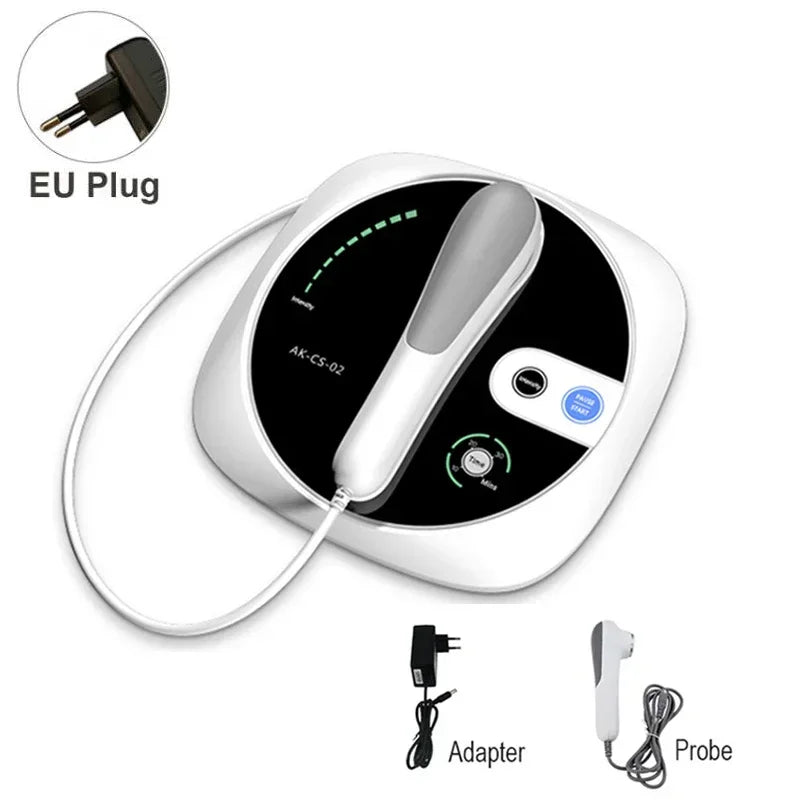 Portable 1MHz ultrasound physiotherapy device with probe and EU plug for home muscle and joint pain relief therapy.