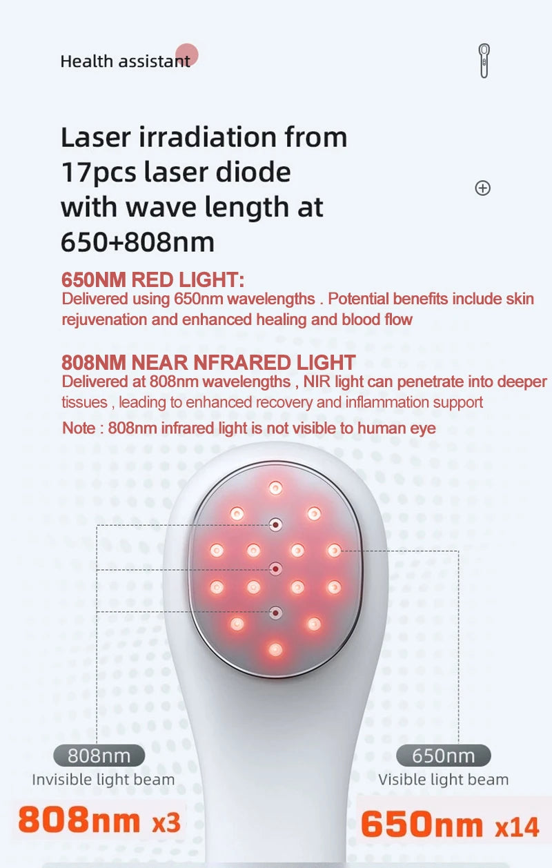 Handheld cold laser therapy device with 17 diodes emitting 650nm red and 808nm infrared light for pain relief.