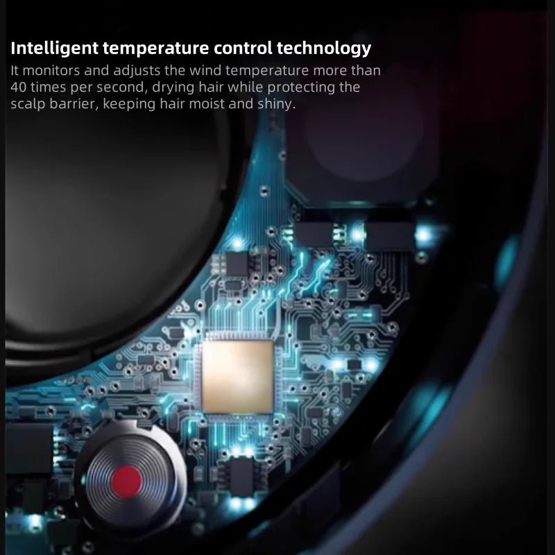 Close-up of high-speed hair dryer's intelligent temperature control circuit board for professional hair care.
