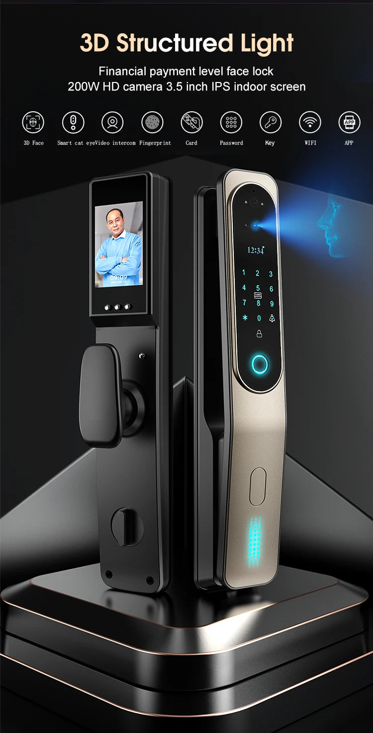 Electric Tuya App 3D Face Recognition Smart Doorlock Fingerprint Biometric Password Full Automatic Wifi Door Lock with Camera