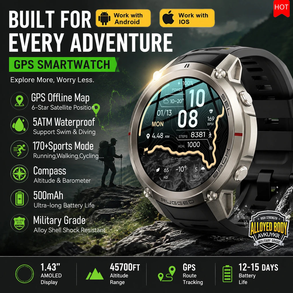 2026 New Hot Sports Smart Watch With GPS Offline Map 170+Sports Mode 5ATM Waterproof 1.43"AMOLED Fitness Tracker Watch For Men