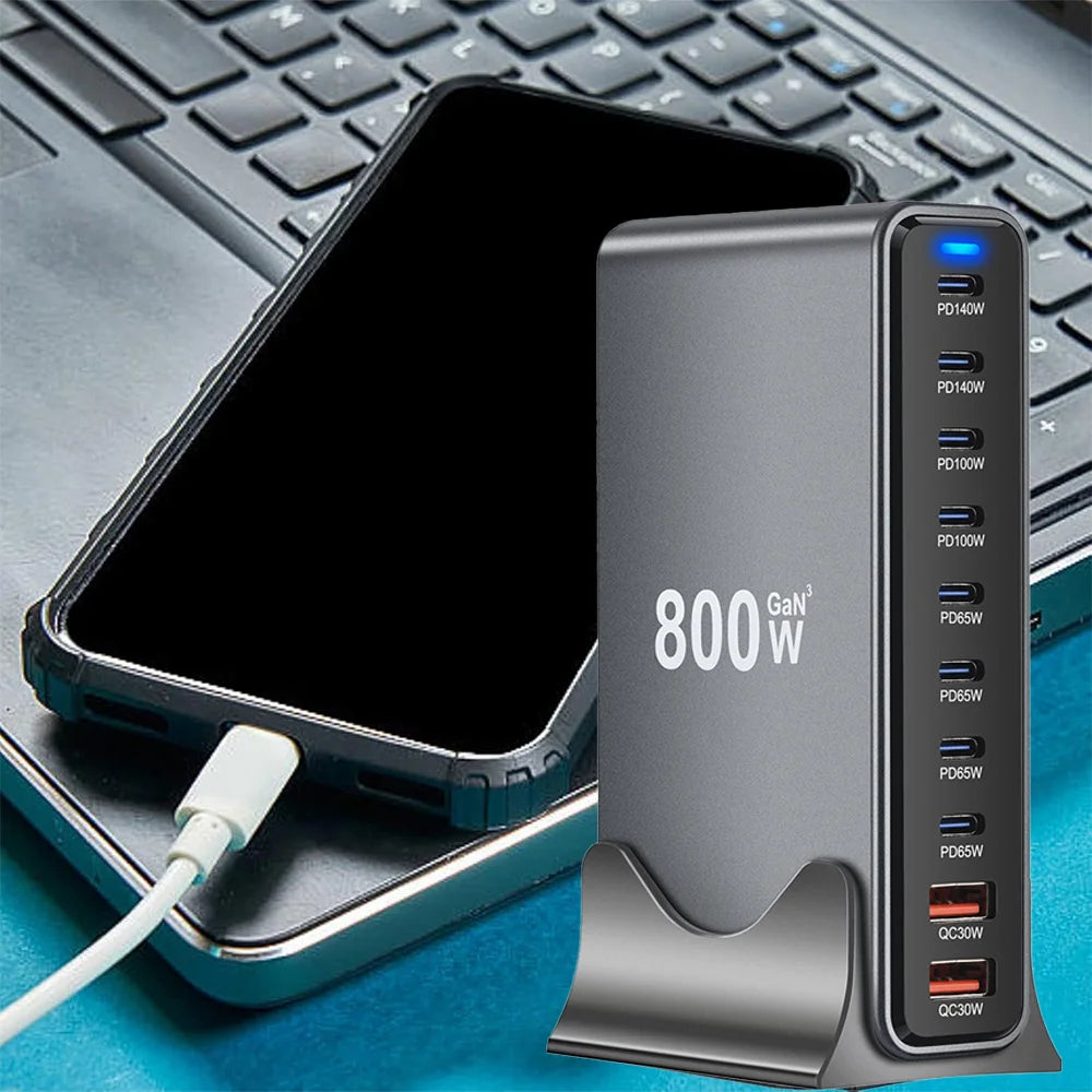 Tidesmit 800W GaN 10-Port USB-C Desktop Charger for Multi-Device Fast Charge Tidesmit
