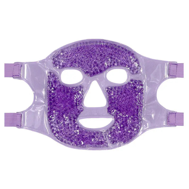 Purple gel bead face mask with cutouts for eyes, nose, and mouth, featuring adjustable elastic side straps.