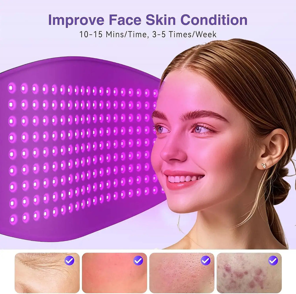 A woman using a purple LED light therapy mask with a grid of glowing chips to improve skin appearance.