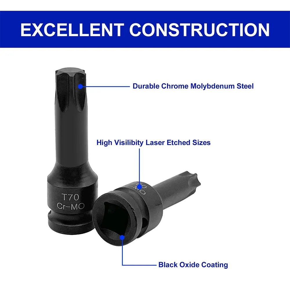 Pair of black 1/2-inch drive impact Torx bits with laser-etched size markings