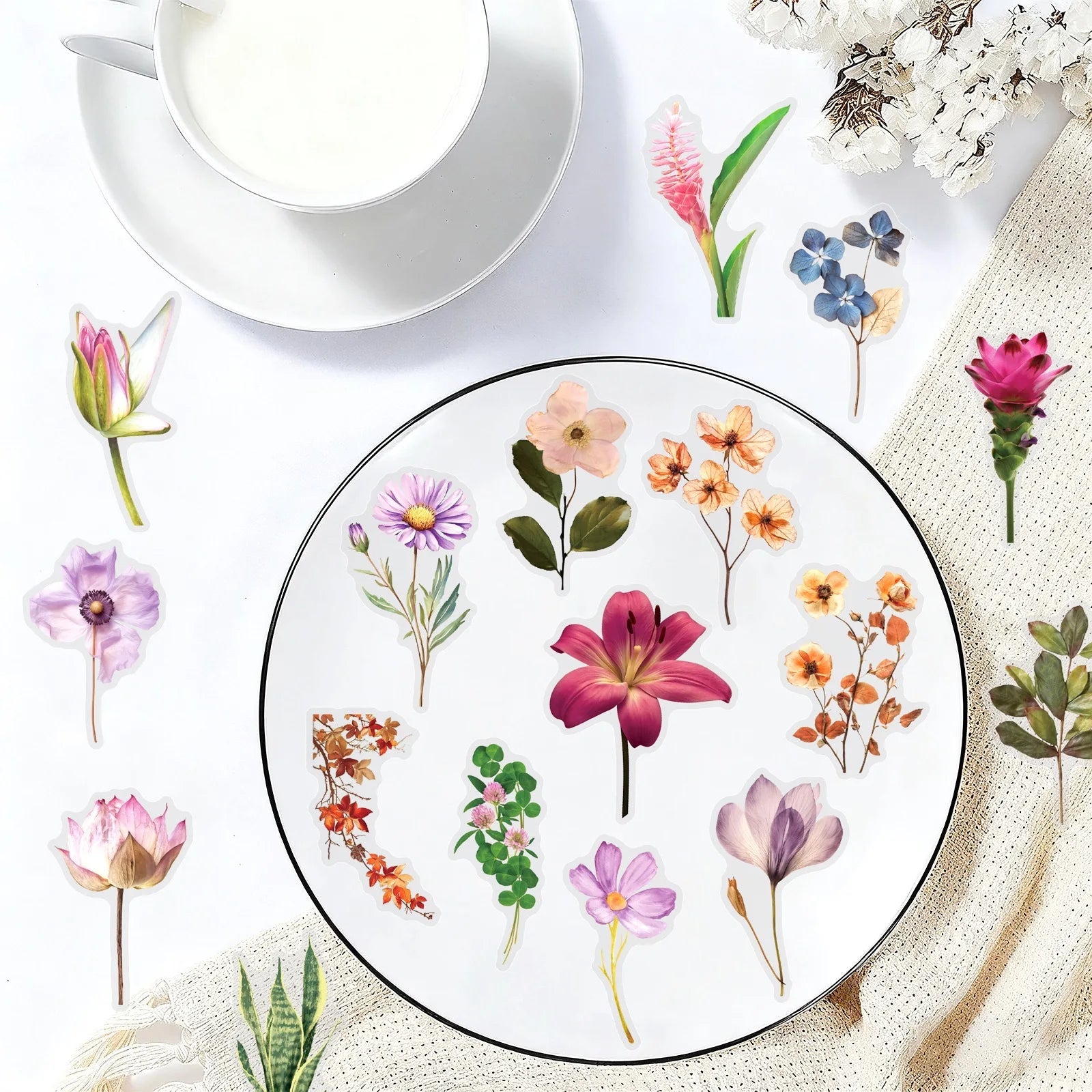 50PCS Color Ink Flower Sticker Pack Waterproof Transparent PET Brochure Flower Material Decorative Notebook Waterproof Stickers