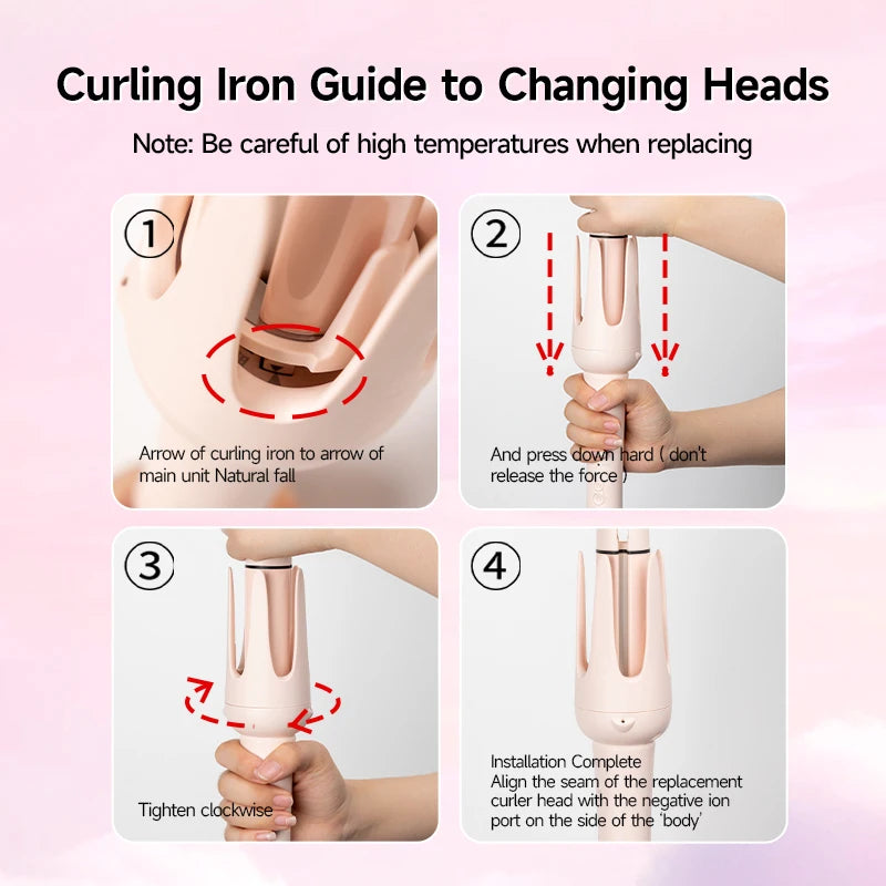 Pink automatic curling iron styling wand guide showing how to attach and swap interchangeable heating heads.