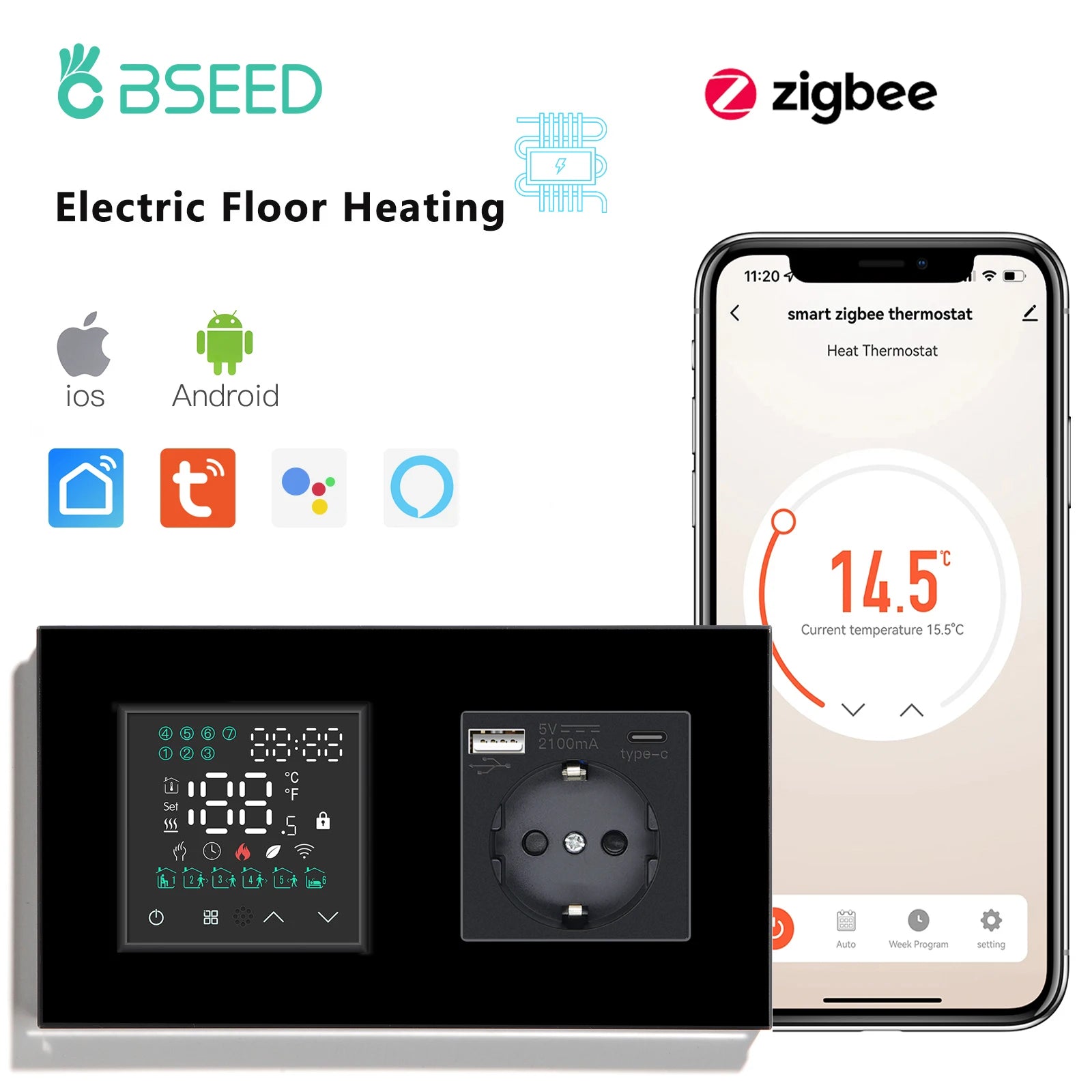 BSEED Zigbee Thermostat LED Touch Screen Switches Electric Floor Heating Room Alexa Temperature Controller Tuya App USB Socket
