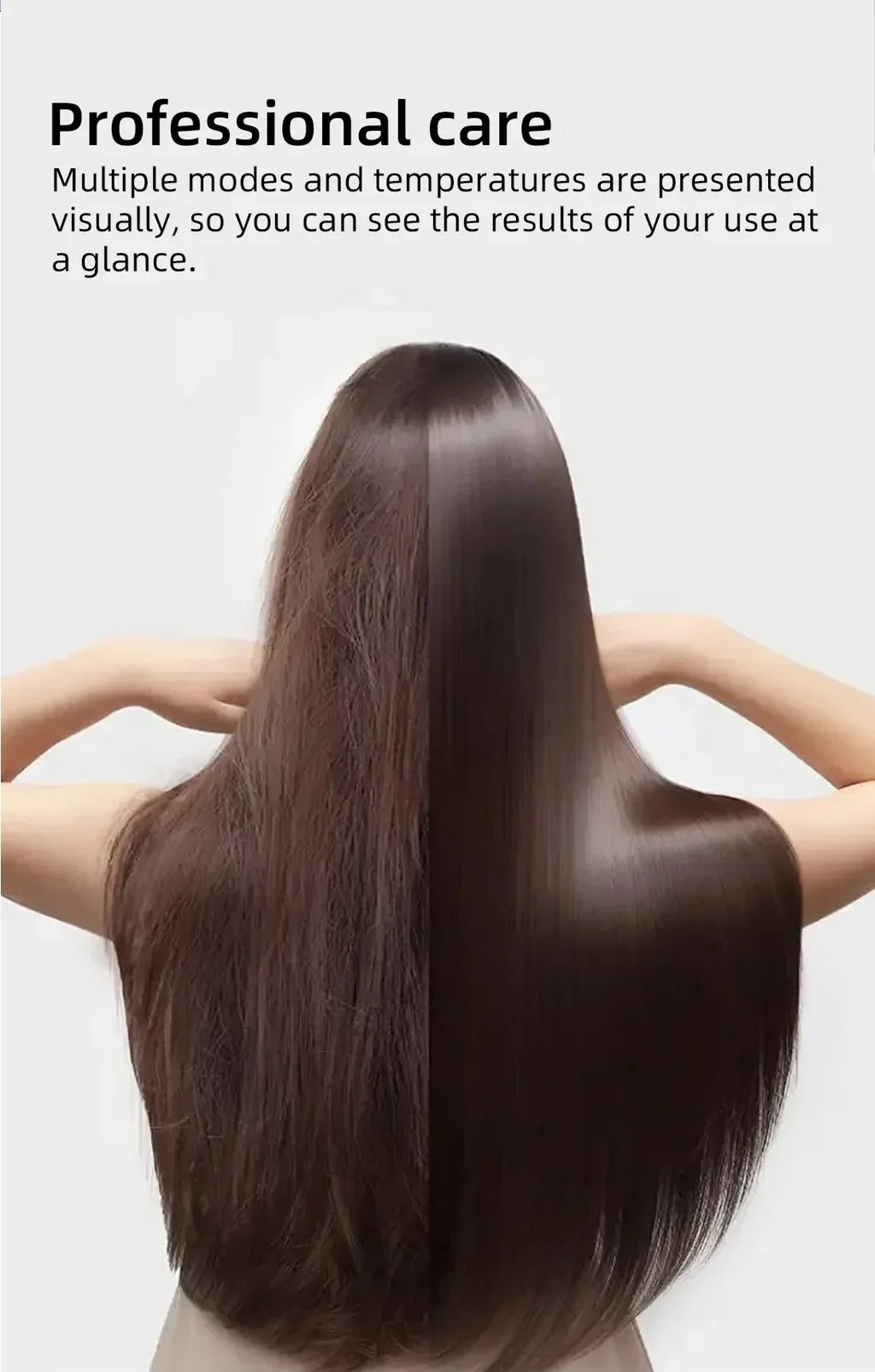 Before-and-after showing results of high-speed negative ion hair dryer on frizzy to smooth, shiny, healthy hair.