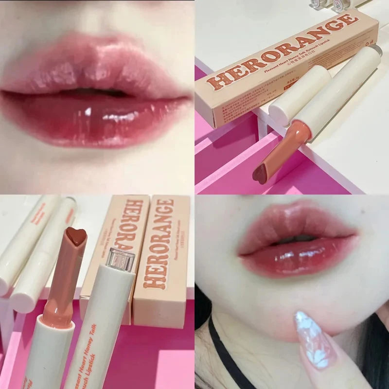Herorange heart-shaped moisturizing lipstick pen with glossy mirror-finish jelly lip glaze for a hydrated, dewy look.