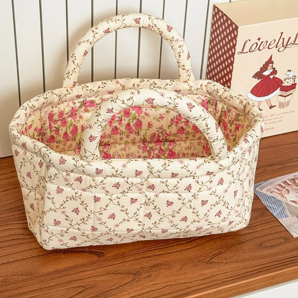 Airfriend Cute Pink Flower Organizers Basket With Handle Home Room Quilted Foldable Storage Basket For Pet Toys Organizer Basket