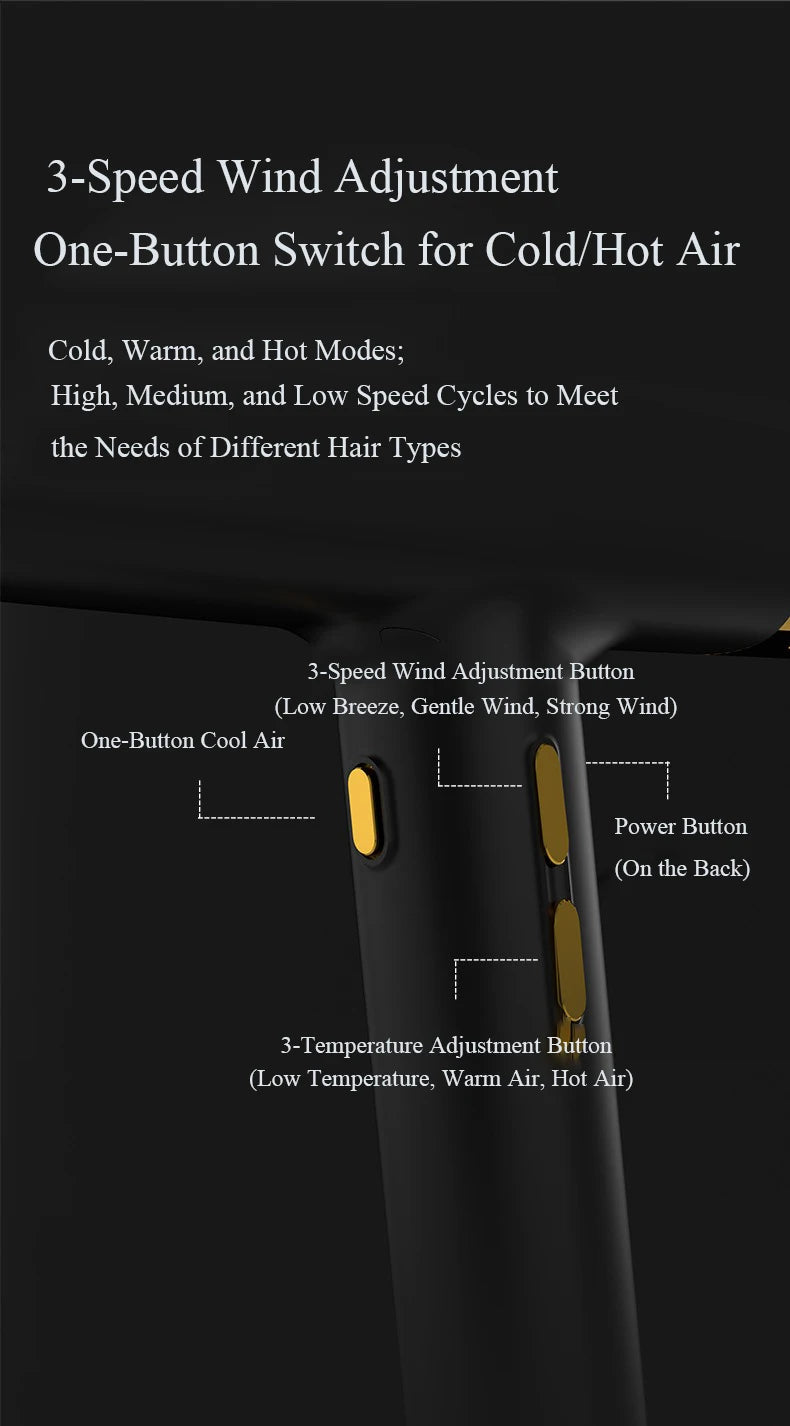 Black professional hair dryer with 3-speed, 3-temp control buttons and cold air switch for fast, ionic styling.