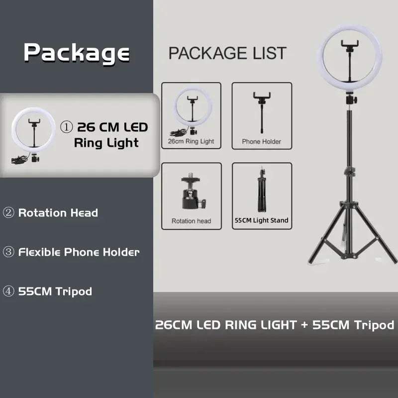 10 Inch Ring Light with Tripod Stand - Adjustable RGB Studio Lighting 10in Ring BK55cm Tidesmit
