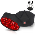 Black wired LLLT red light therapy hair growth cap with AU power plug and internal 650nm LED nodes for hair loss.