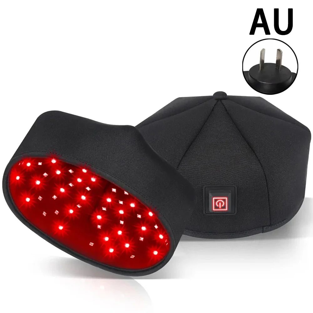 Black wired LLLT red light therapy hair growth cap with AU power plug and internal 650nm LED nodes for hair loss.
