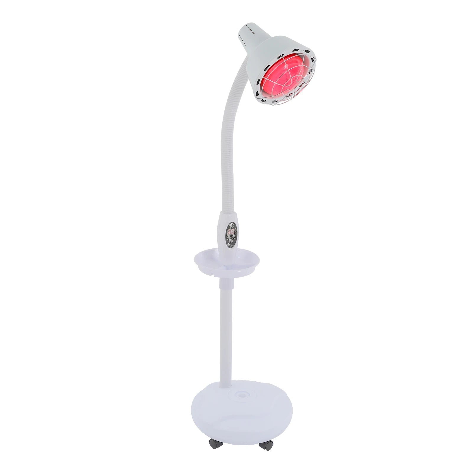 275W infrared heat therapy lamp with adjustable gooseneck, timer, and rolling base for muscle pain relief.