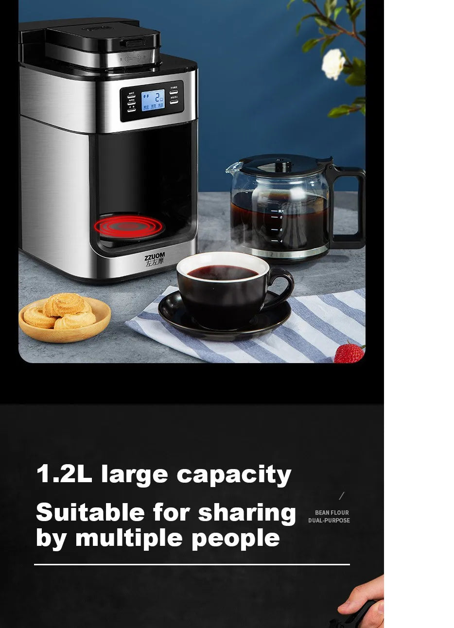 ZZUOM 1.2L stainless steel coffee maker with digital display, glass carafe, and bean-to-cup brewing capability.