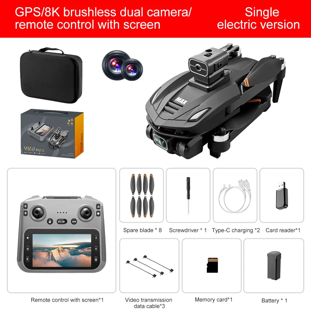 Tidesmit 8K GPS Drone with Camera, Brushless Motor & Foldable Frame V168-screen remote Tidesmit