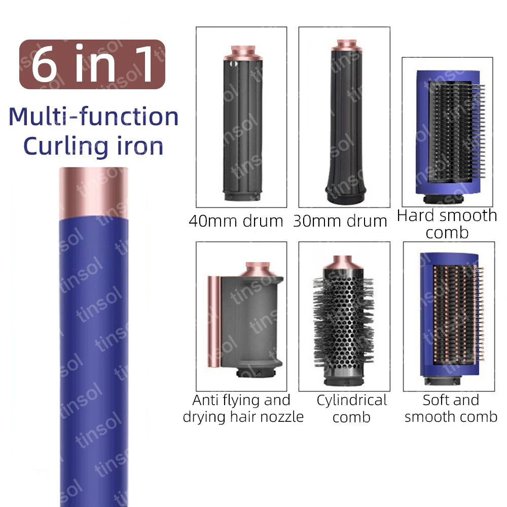 Blue 6-in-1 ionic hair dryer set with rose gold accents, featuring curling barrels, dryer nozzle, and styling brushes.