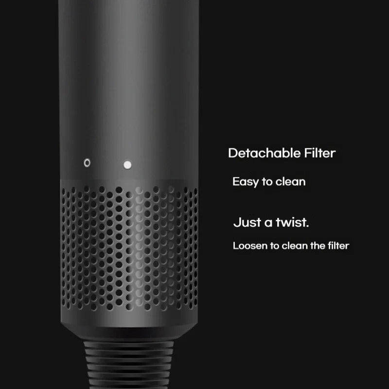 Matte black high-speed hair dryer showing easy-to-clean, twist-off detachable filter mesh design for maintenance.