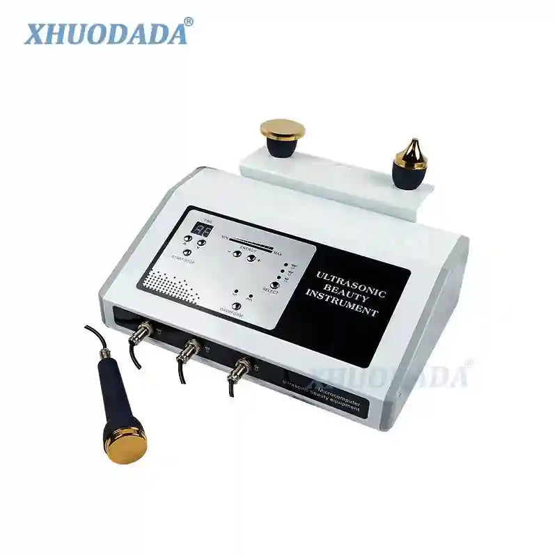 3-in-1 ultrasonic facial device for anti-aging, spot removal, and skin therapy with digital display and golden probes.