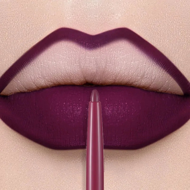 Matte plum lip liner pen applying velvet, waterproof, long-lasting color to define lips for a smooth, non-stick finish.