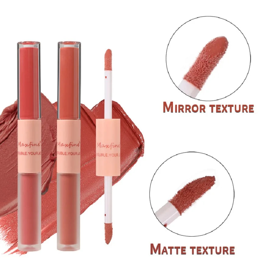 Double-ended lip gloss with nude-pink shade, featuring both velvet matte and glossy mirror texture applicators.