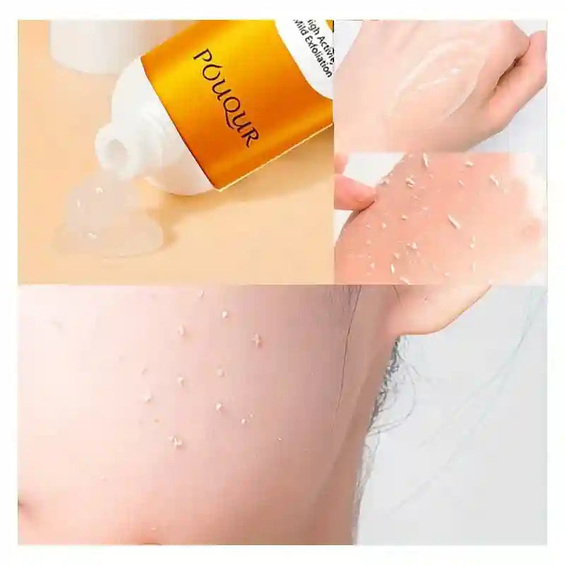 A yellow squeeze bottle of POUQUR exfoliating gel showing clear gel texture and skin peeling effects on a hand and face.