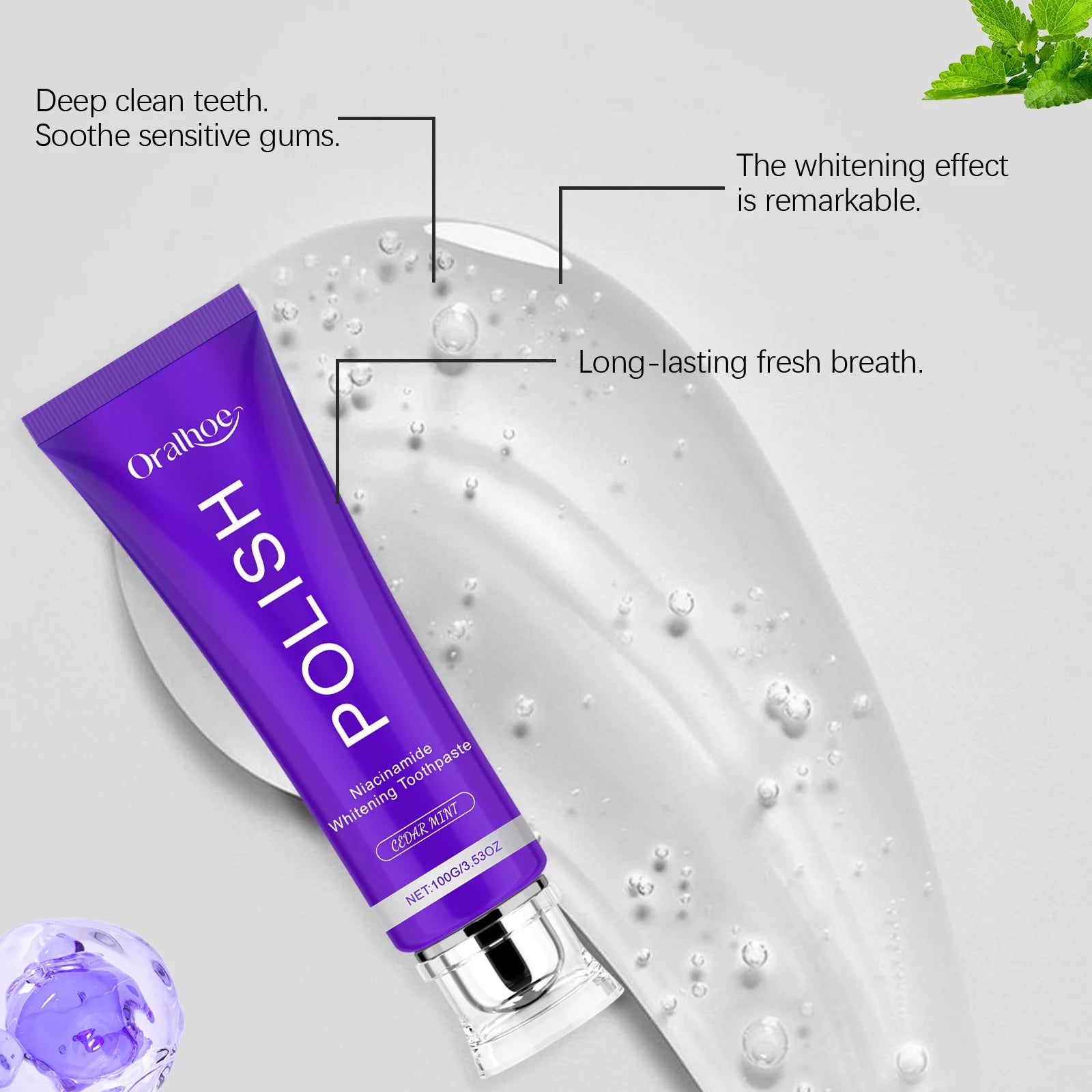 Tidesmit purple niacinamide whitening toothpaste for plaque removal, gum health, and fresh breath.