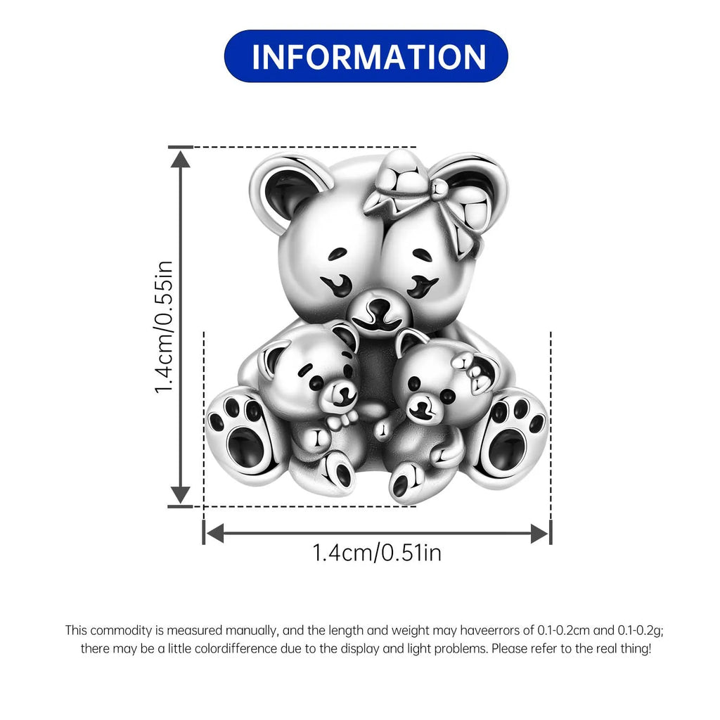 925 Sterling Silver bear family charm pendant for charm bracelets, 1.4cm DIY pet-themed jewelry gift.