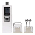 White galvanic facial lifting device with USB plug, digital display, silver power button, and two swappable heads.