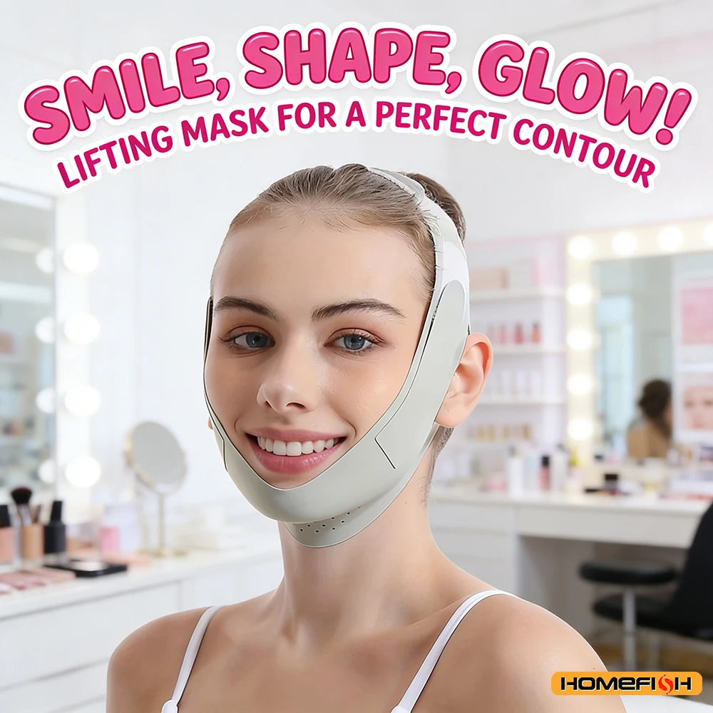 A woman wears a light gray adjustable face-lifting strap designed to contour the chin and jawline.