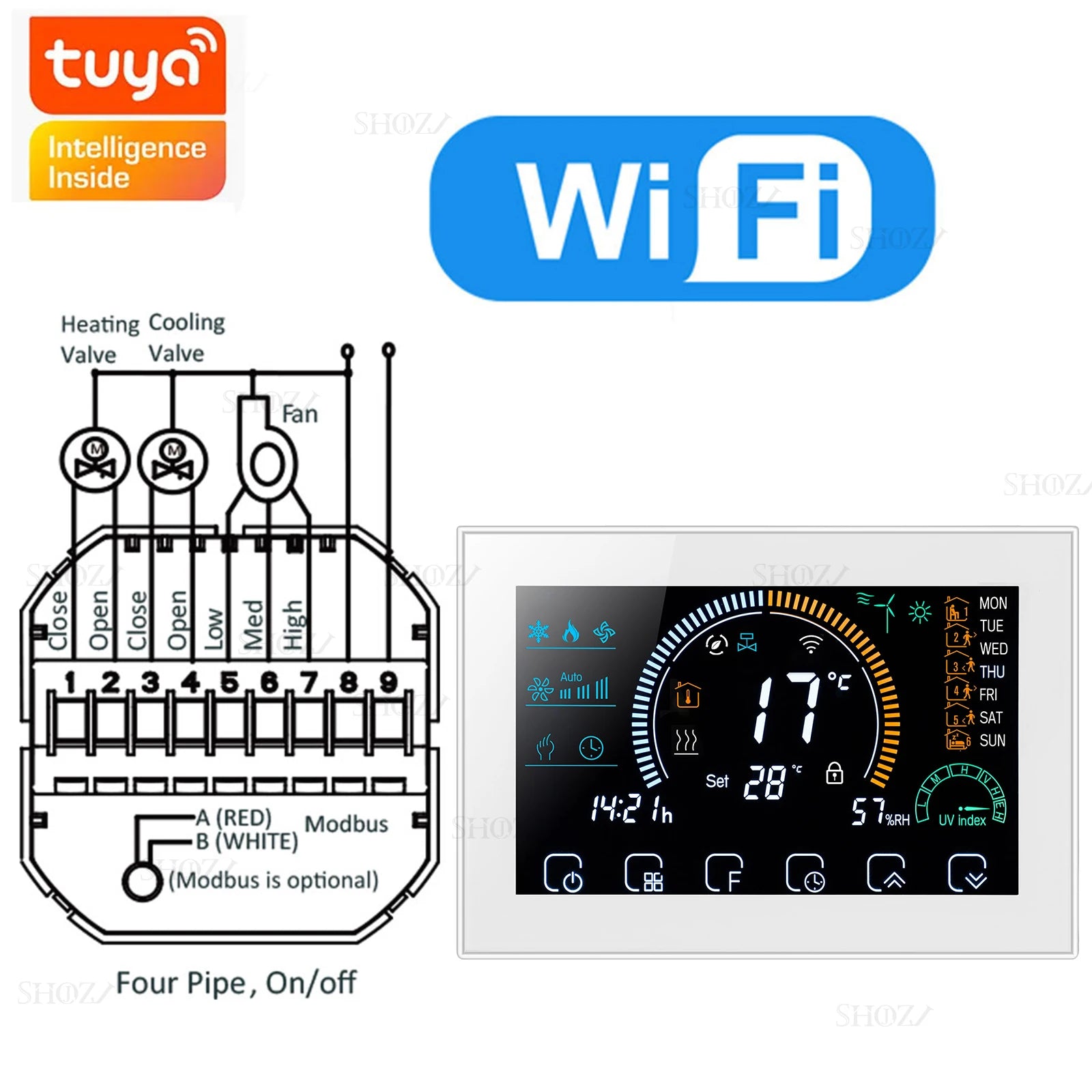 Wifi/RS485/Zigbee Thermostat Air Conditioning 3 Fan Coil Unit Home Cooling/Heating 2/4 Pipe Temperature Controller with Alexa