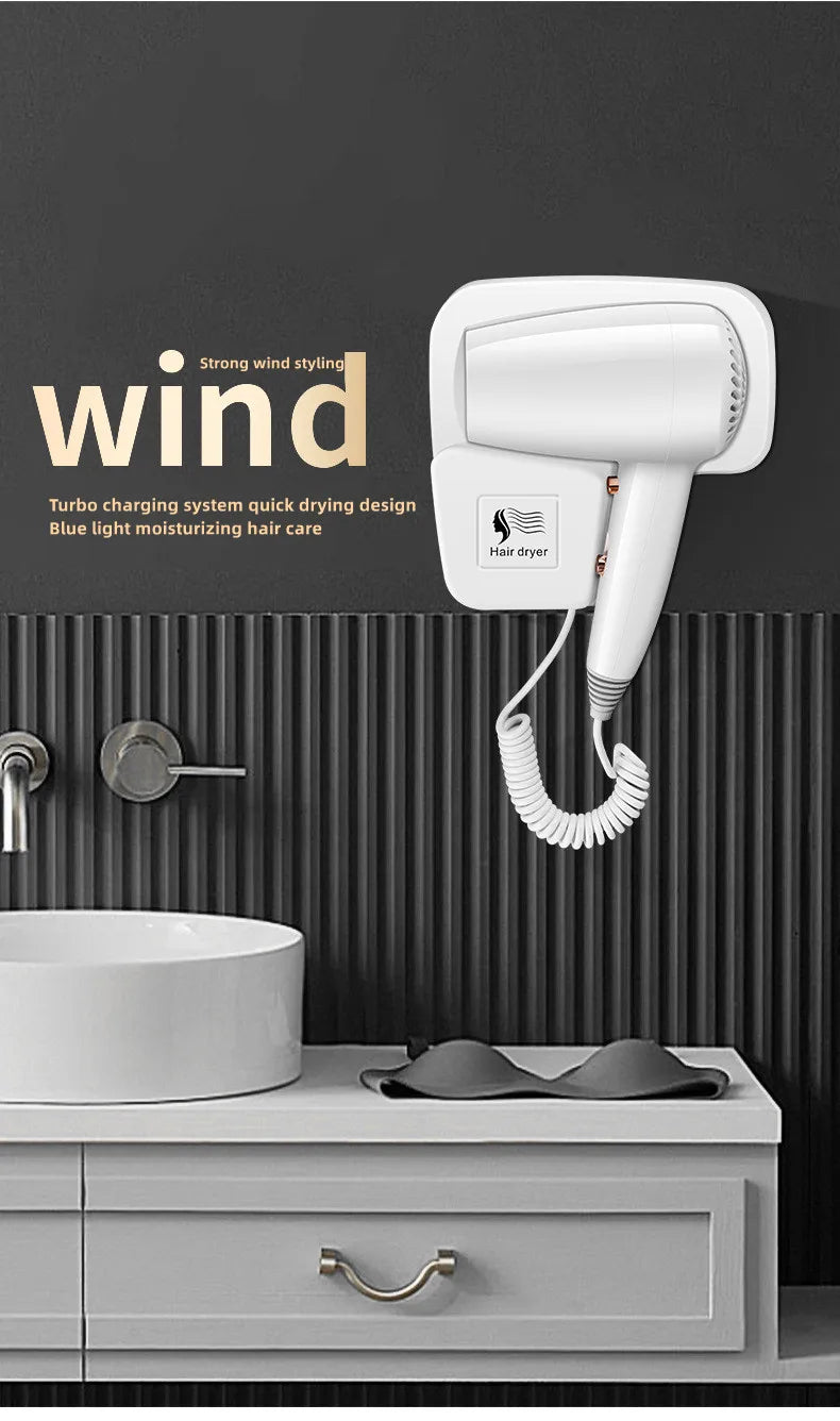 White wall-mounted 1300W hair dryer with coiled cord, featuring negative ion tech for fast, damage-free bathroom drying.