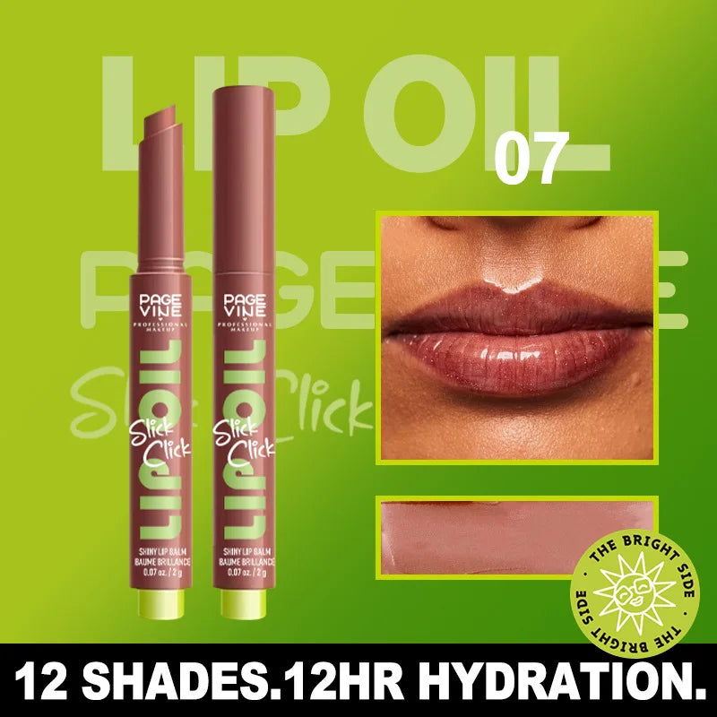 Page Vine click-press moisturizing lip oil in shade 07, featuring a glossy, plump finish and mauve brown color swatch.