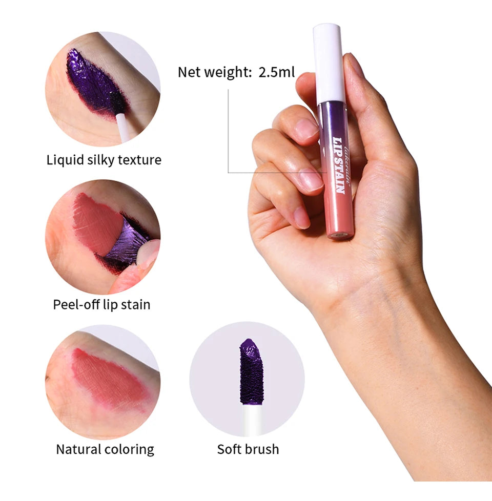 Waterproof peel-off lip stain with silky texture, soft applicator, and long-lasting matte color reveal.