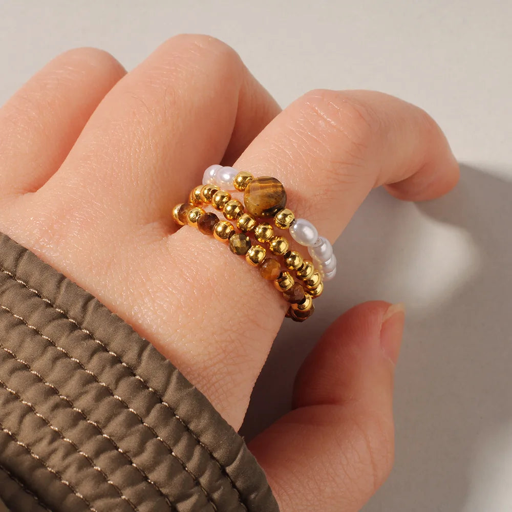 Beach style stacked natural stone ring - simple imitation pearl elastic rope bead ring - suitable for daily wear