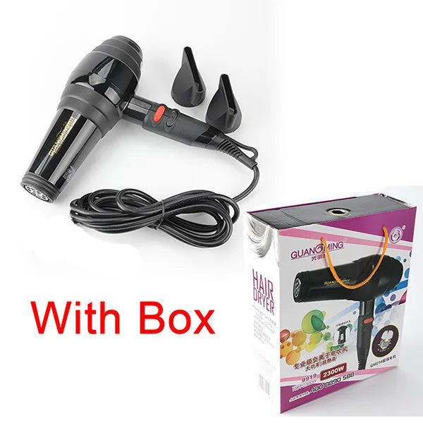 Black 2300W professional salon hair dryer with two nozzle attachments and branded gift box.